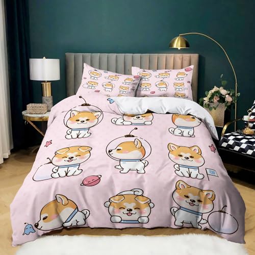 WHUOEUCO Bettwäsche Bettbezug Set Rosa Cartoon-Corgi-Hund 240 x 220 cm Kinder Erwachsene Microfaser Bettbezug Set, Weich bequem von Modern Bettwäsche Dekorative von WHUOEUCO