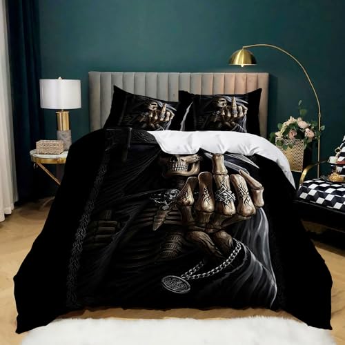 WHUOEUCO Bettwäsche Gotisches Schwarzes Totenkopfmuster Bettbezug Set 135x200 cm Gothic Bettwäsche Set 3 Teilig Mikrofaser Bettbezüge mit Reißverschluss und 2 Kissenbezug 80x80 cm von WHUOEUCO