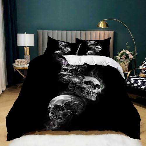 WHUOEUCO Bettwäsche Kinder 155x220 cm Bettbezug Schwarzes Totenkopfmuster, Weiche Mikrofaser Bettwäsche-Sets, Bettbezüge und 2 Kissenbezug 80x80 cm mit Reißverschluss von WHUOEUCO