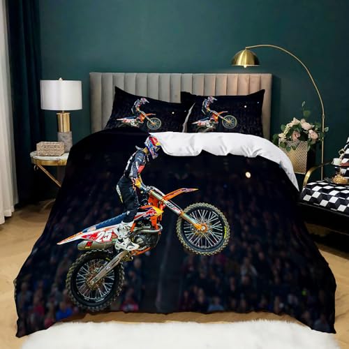 WHUOEUCO Bettwäsche Kinder Schwarzes Motocross-Bike 155x220 cm Bettbezug, Weiche Mikrofaser Bettwäsche-Sets, Bettbezüge und 2 Kissenbezug 80x80 cm mit Reißverschluss von WHUOEUCO