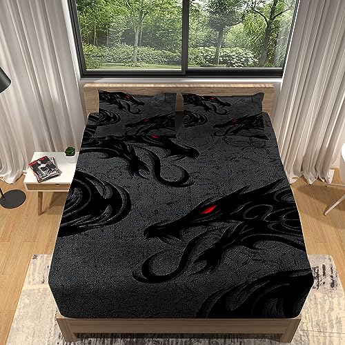 WHUOEUCO Boxspringbett Spannbettlaken 180x200 cm schwarzer Drache Polyester Bettlaken 30cm Extra Tiefe Taschenlaken Spannbetttuch Weich und atmungsaktiv Maschinenwaschbar von WHUOEUCO