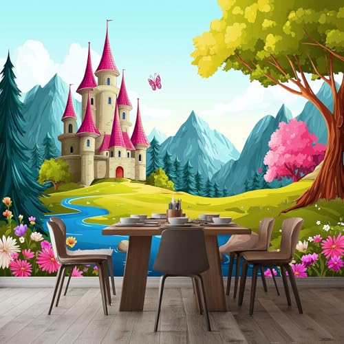 WHUOEUCO Fototapete Cartoon Schloss Wildblumen 200x140 cm 3D Motivtapeten Wandbild Vlies Foto Tapete Wandtapete, für Wohnzimmer Schlafzimmer Kinderzimmer Büro Wanddeko von WHUOEUCO