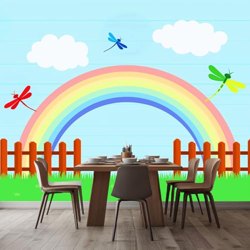 WHUOEUCO Fototapete Karikatur Libelle Regenbogen 300x210 cm 3D Wandbild Tapete, Modern Vlies Motivtapeten Groß Foto Tapete, Schlafzimmer Wohnzimmer Büro Wandtapete Deko von WHUOEUCO