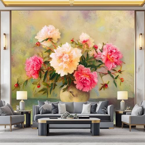 WHUOEUCO Fototapete Vintage Vase Mit Pfingstrosen 400x280 cm 3D Motivtapeten Wandbild Vlies Foto Tapete Wandtapete, für Wohnzimmer Schlafzimmer Kinderzimmer Büro Wanddeko von WHUOEUCO