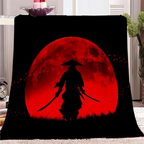 WHUOEUCO Kuscheldecke Flauschig Schwarzer Samurai Und Roter Mond Dicke Decke Fleecedecke, Sherpa Decke und Flauschige Decke, Wolldecke, für Bett Sofa Wohnzimmer 220x240cm von WHUOEUCO