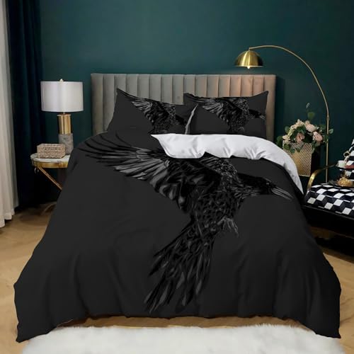 WHUOEUCO Microfaser Bettbezug Set schwarzes Krähenmuster 135 x 200 cm Bettwäsche Set Super weich bequem Doppelbett Bettbezug mit Reißverschluss und 2 Kissenbezüge von WHUOEUCO
