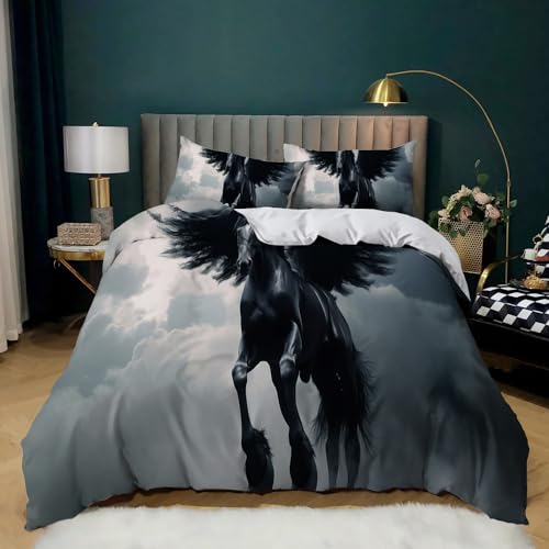 WHUOEUCO Microfaser Bettbezug Set schwarzes Pegasus-Muster 135 x 200 cm Bettwäsche Set Super weich bequem Doppelbett Bettbezug mit Reißverschluss und 2 Kissenbezüge von WHUOEUCO