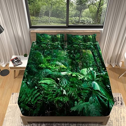WHUOEUCO Spannbettlaken 160x200 cm grüner Dschungel Spannbetttuch 100% Polyester, Bis 30 cm Matratzenhöhe, für Wasserbetten Boxspringbetten und herkömmliche Matratzen von WHUOEUCO