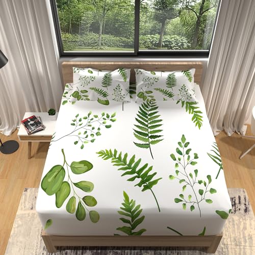 WHUOEUCO Spannbettlaken 160x200 cm grünes Blattmuster Kinder Matratzenschoner Weiches Atmungsaktives Mikrofaser Spannbettlaken für Babybett and Kinderbett von WHUOEUCO