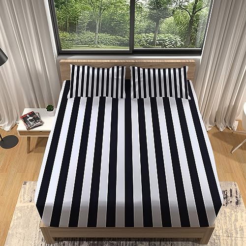 WHUOEUCO Spannbettlaken 90x200 cm Schwarze und weiße Streifen Spannbetttuch 100% Polyester, Bis 30 cm Matratzenhöhe, für Wasserbetten Boxspringbetten und herkömmliche Matratzen von WHUOEUCO