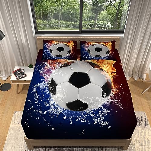 WHUOEUCO Spannbettlaken 90x200 cm Wasser-Feuer-Fußball Bettwäsche Spannbettlaken Gebürstete Mikrofaser Bettlaken für Matratzenhöhe bis 30 cm, Atmungsaktiv Weich Spannbetttuch von WHUOEUCO