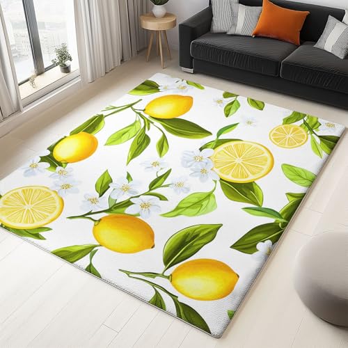 WHUOEUCO Teppich Kurzflor Modern 120x180cm Frucht Zitrone Blume Teppich Wohnzimmer Waschbar, Super Weich rutschfest Flauschig Teppiche für Schlafzimmer Esszimmer Kinderzimmer von WHUOEUCO