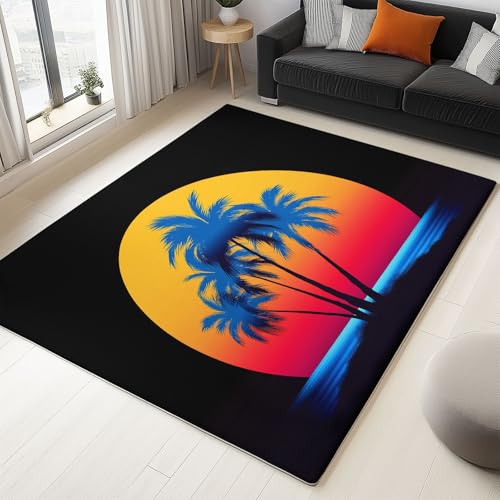 WHUOEUCO Teppich Kurzflor Modern 60x120cm Palmen Sonne Teppich Wohnzimmer Waschbar, Super Weich rutschfest Flauschig Teppiche für Schlafzimmer Esszimmer Kinderzimmer von WHUOEUCO