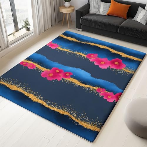 WHUOEUCO Teppich Kurzflor Modern 80x150cm Blaue Achatblüten Teppich Wohnzimmer Waschbar, Super Weich rutschfest Flauschig Teppiche für Schlafzimmer Esszimmer Kinderzimmer von WHUOEUCO