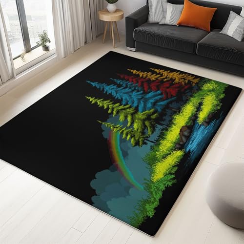 WHUOEUCO Teppich Kurzflor Modern 80x150cm Handgezeichneter Kiefernregenbogen Teppich Wohnzimmer Waschbar, Super Weich rutschfest Flauschig Teppiche für Schlafzimmer Esszimmer Kinderzimmer von WHUOEUCO