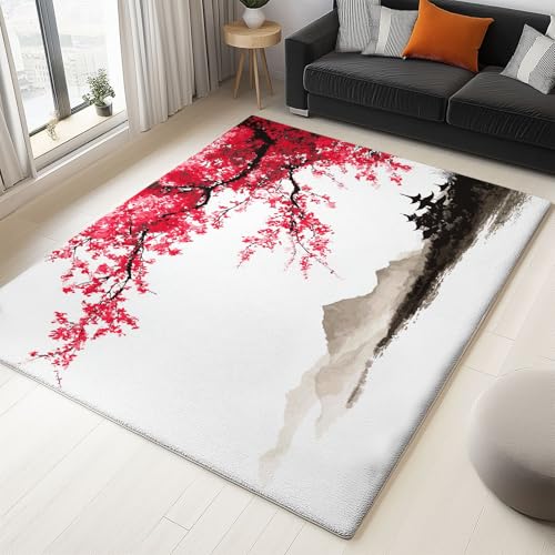 WHUOEUCO Teppich Kurzflor Modern 80x150cm Traditionelle Chinesische Kirschblüten Teppich Wohnzimmer Waschbar, Super Weich rutschfest Flauschig Teppiche für Schlafzimmer Esszimmer Kinderzimmer von WHUOEUCO