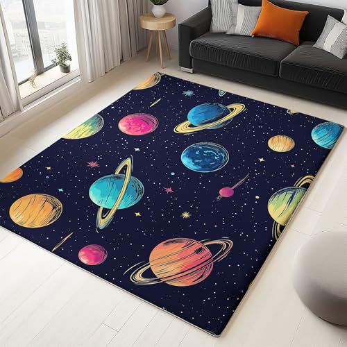 WHUOEUCO Teppich Kurzflor Modern 80x150cm Weltraumplanet Teppich Wohnzimmer Waschbar, Super Weich rutschfest Flauschig Teppiche für Schlafzimmer Esszimmer Kinderzimmer von WHUOEUCO