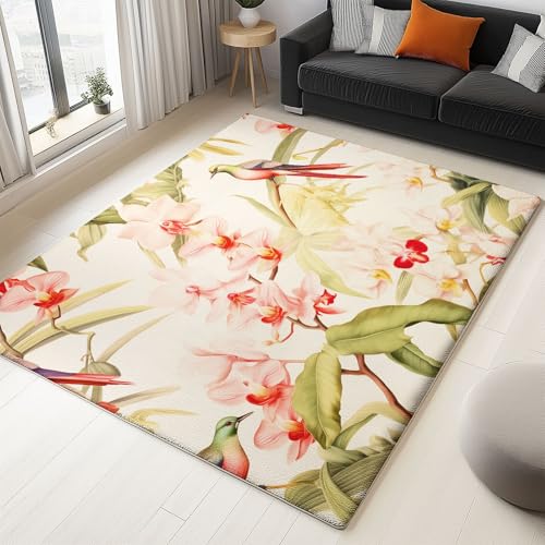 WHUOEUCO Teppich Wohnzimmer 120x180cm Blumen Pflanzen Vögel Moderner Kurzflor Teppich, Schlafzimmer Teppiche Waschbar rutschfest Design für Esszimmer Büro Bereich Dekor von WHUOEUCO