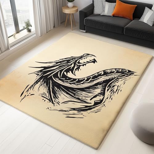 WHUOEUCO Teppich Wohnzimmer 140x200cm Line Art Drache Moderner Kurzflor Teppich, Schlafzimmer Teppiche Waschbar rutschfest Design für Esszimmer Büro Bereich Dekor von WHUOEUCO