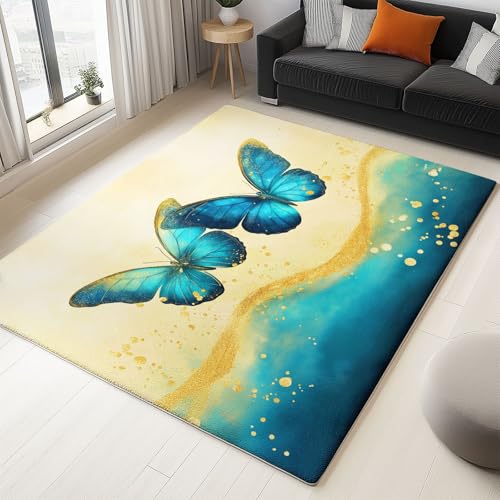 WHUOEUCO Teppich Wohnzimmer 140x200cm Schmetterling Goldene Wellen Moderner Kurzflor Teppich, Schlafzimmer Teppiche Waschbar rutschfest Design für Esszimmer Büro Bereich Dekor von WHUOEUCO