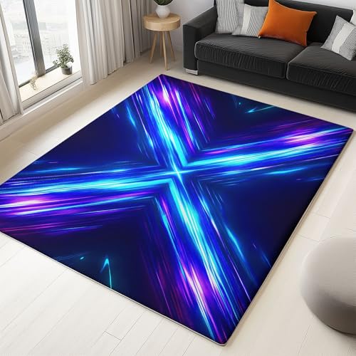 WHUOEUCO Teppich Wohnzimmer 60x120cm Blau Violett Leuchtende Linien Waschbare Kurzflor Teppiche Großer rutschfest Carpet, für Schlafzimmer, Büro, Kinderzimmer Druck Teppich von WHUOEUCO