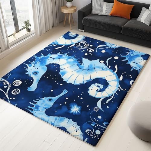 WHUOEUCO Teppich Wohnzimmer 60x120cm Blaues Aquarell Seepferdchen Waschbarer Kurzflor Teppiche, rutschfest 3D-Druckdesign, Pflegeleicht – Für Flur, Schlafzimmer & Esszimmer WHUOEUCO Teppich Wohnzimmer 60x120cm Blaues Aquarell Seepferdchen Waschbarer Kurzflor Teppiche, rutschfest 3D-Druckdesign, Pflegeleicht – Für Flur, Schlafzimmer & Esszimmer von WHUOEUCO