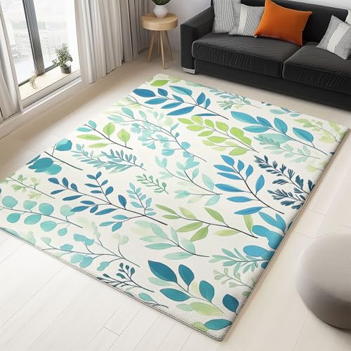 WHUOEUCO Teppich Wohnzimmer 60x120cm Handgezeichnete Pflanzenblätter Modern Kurzflor Anti-Rutsch Teppiche, für Schlafzimmer, Raumdekoration, Weiche Flauschiger Teppich von WHUOEUCO