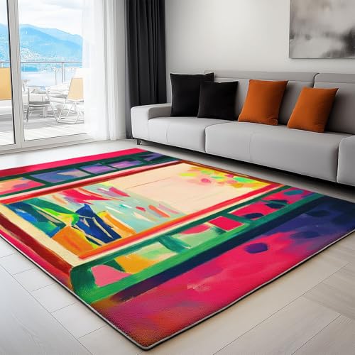 WHUOEUCO Teppich Wohnzimmer 80x150cm Ölgemälde Boot Vor Dem Fenster Moderner Kurzflor Teppich, Schlafzimmer Teppiche Waschbar rutschfest Design für Esszimmer Büro Bereich Dekor von WHUOEUCO