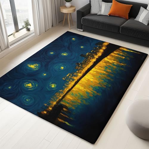 WHUOEUCO Teppich Wohnzimmer 80x150cm Ölgemälde Sternennacht Skyline Der Stadt Moderner Kurzflor Teppich, Schlafzimmer Teppiche Waschbar rutschfest Design für Esszimmer Büro Bereich Dekor von WHUOEUCO