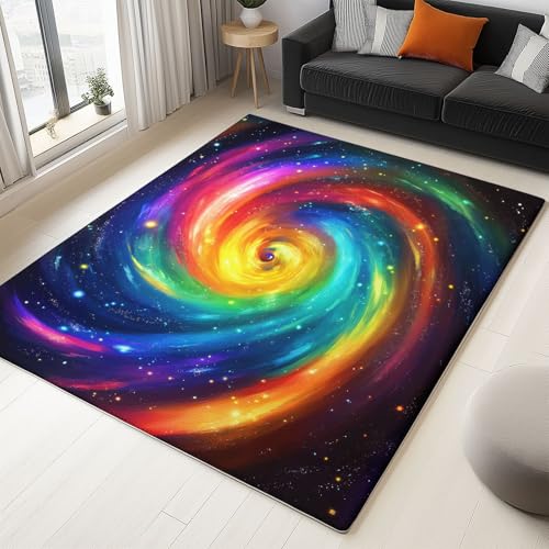 WHUOEUCO Teppich Wohnzimmer 80x150cm Regenbogen Spiralgalaxie Moderner Kurzflor Teppich, Schlafzimmer Teppiche Waschbar rutschfest Design für Esszimmer Büro Bereich Dekor von WHUOEUCO