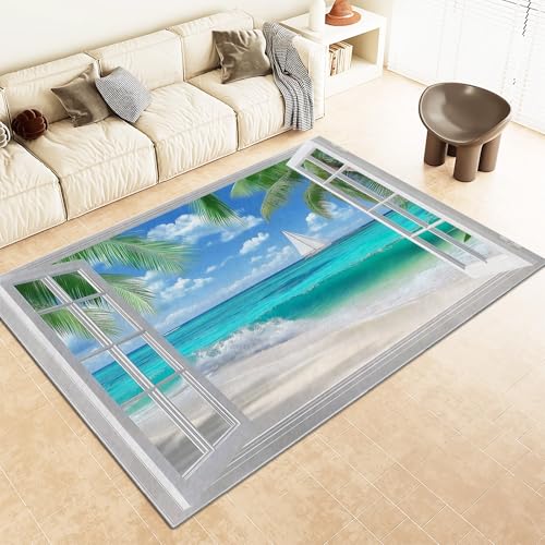 WHUOEUCO Teppich Wohnzimmer Fenster Mit Meerblick Und Kokospalmen 160x230cm Waschbare Kurzflor Teppiche Großer rutschfest Carpet, für Schlafzimmer, Büro, Kinderzimmer Druck Teppich WHUOEUCO Teppich Wohnzimmer Fenster Mit Meerblick Und Kokospalmen 160x230cm Waschbare Kurzflor Teppiche Großer rutschfest Carpet, für Schlafzimmer, Büro, Kinderzimmer Druck Teppich von WHUOEUCO
