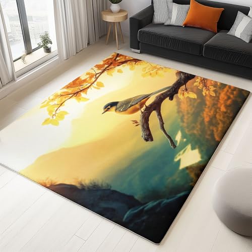 WHUOEUCO Teppich Wohnzimmer Waschbar 140x200cm Herbstlandschaft Zweige Vögel Schlafzimmer Teppich rutschfest,Teppiche Kurzflor Moderner, für Esszimmer Küche Büro, Super Weich Flauschig von WHUOEUCO