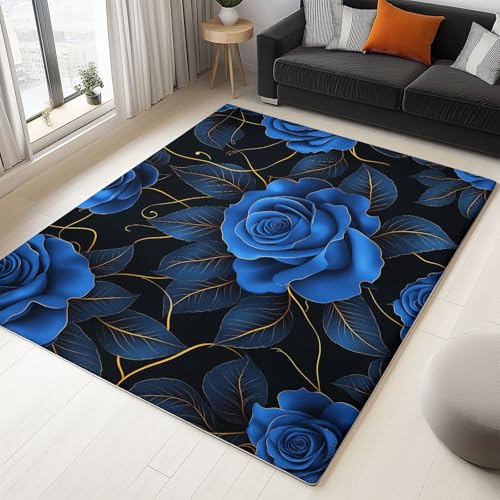 WHUOEUCO Teppich Wohnzimmer Waschbar 60x120cm Blaue Rose Schlafzimmer Teppich rutschfest,Teppiche Kurzflor Moderner, für Esszimmer Küche Büro, Super Weich Flauschig von WHUOEUCO