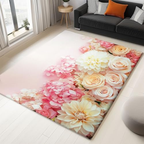 WHUOEUCO Teppich Wohnzimmer Waschbar 60x120cm Blumen Rose Dahlie Hortensie Schlafzimmer Teppich rutschfest,Teppiche Kurzflor Moderner, für Esszimmer Küche Büro, Super Weich Flauschig WHUOEUCO Teppich Wohnzimmer Waschbar 60x120cm Blumen Rose Dahlie Hortensie Schlafzimmer Teppich rutschfest,Teppiche Kurzflor Moderner, für Esszimmer Küche Büro, Super Weich Flauschig von WHUOEUCO