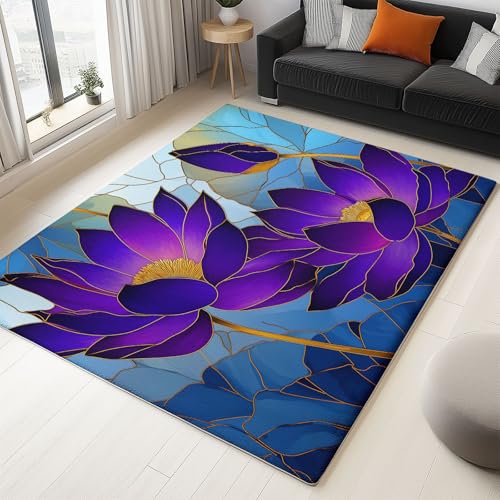 WHUOEUCO Teppich Wohnzimmer Waschbar 60x120cm Lila Lotusglas Stil Schlafzimmer Teppich rutschfest,Teppiche Kurzflor Moderner, für Esszimmer Küche Büro, Super Weich Flauschig von WHUOEUCO