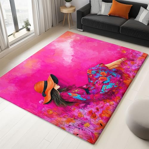 WHUOEUCO Teppich Wohnzimmer Waschbar 80x150cm Aquarell Blumenmädchen Schlafzimmer Teppich rutschfest,Teppiche Kurzflor Moderner, für Esszimmer Küche Büro, Super Weich Flauschig von WHUOEUCO