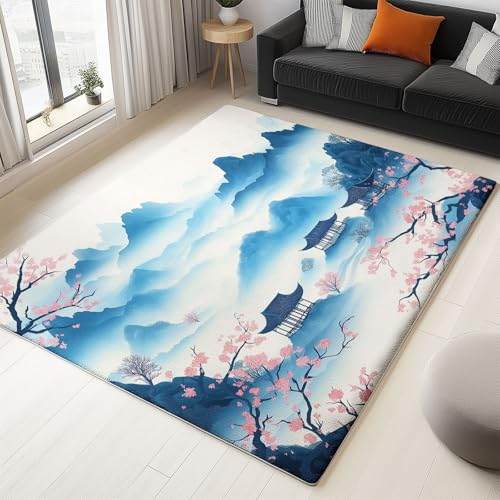 WHUOEUCO Teppich Wohnzimmer Waschbar 80x150cm Pfirsichblüten Elstern Berge Schlafzimmer Teppich rutschfest,Teppiche Kurzflor Moderner, für Esszimmer Küche Büro, Super Weich Flauschig von WHUOEUCO