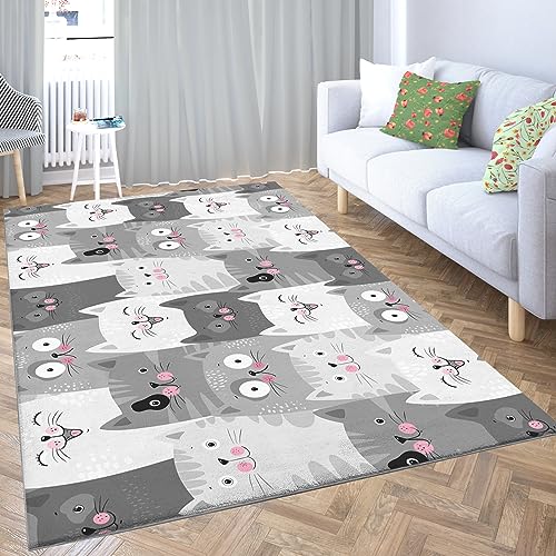 WHUOEUCO Teppich Wohnzimmer graue Cartoon-Katze 160 x 230cm Super Weich Teppich Waschbarer Kurzflor Teppiche Anti-Rutsch Teppich für Schlafzimmer, Wohnzimmer, Flur, Esszimmer von WHUOEUCO