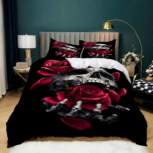 WHUOEUCO Totenkopf Bettwäsche Schwarze Rosenblume Bettbezug Set 220x240 cm Weiche Komfort Microfaser Bettwäsche Set Mit Reißverschluss Und 2 Kissenbezug 80 x 80cm von WHUOEUCO