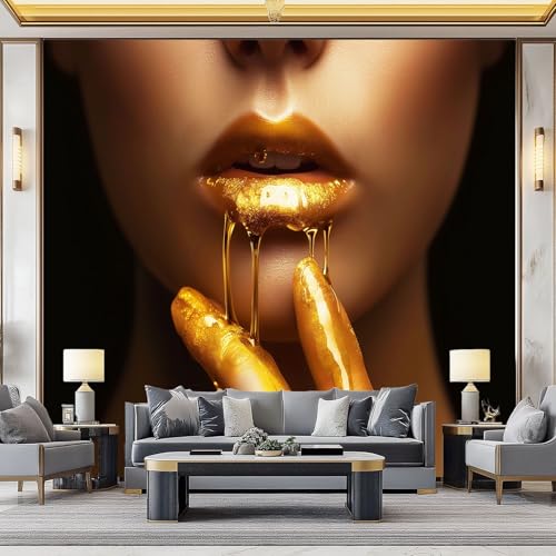 WHUOEUCO Vlies Fototapete Goldene Lippen Mädchen 400x280 cm Wandbilder Tapete Art Fototapete, 3D Effekt Wandtapete für Wohnzimmer, Schlafzimmer, Büro, Küche, Kinderzimmer von WHUOEUCO