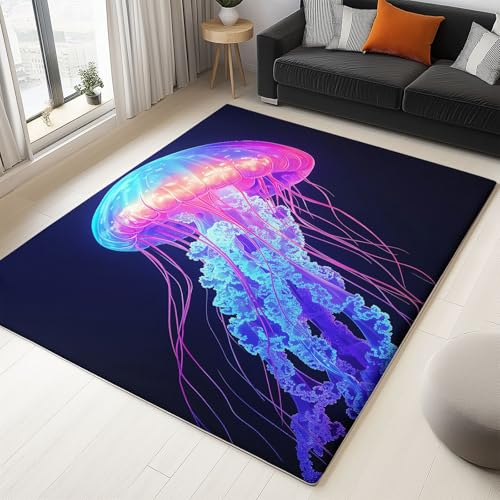 WHUOEUCO Waschbarer Teppich 60x120cm Tiefseequallen Moderner 3D-Druck Teppich, rutschfest Kurzflor Matte für Flur, Eingangsbereich, Wohnzimmer und Schlafzimmer von WHUOEUCO
