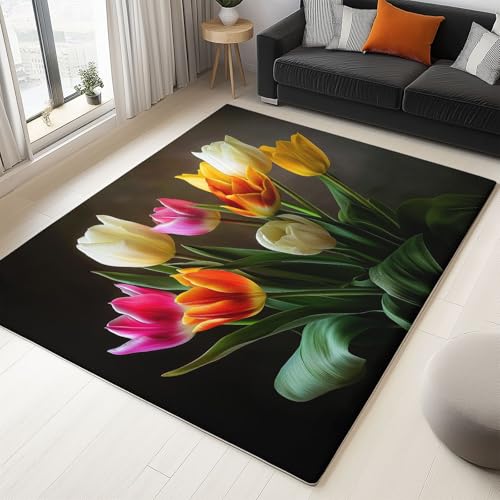 WHUOEUCO Waschbarer Teppich 80x150cm Strauß Tulpen Moderner 3D-Druck Teppich, rutschfest Kurzflor Matte für Flur, Eingangsbereich, Wohnzimmer und Schlafzimmer von WHUOEUCO