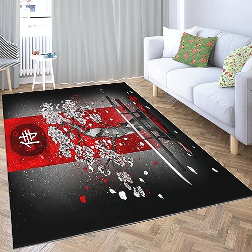 WHUOEUCO Wohnzimmer Teppich Sakura und Katana 160 x 230cm Waschbare Modern Kurzflor Schlafzimmer Teppiche,Weich rutschfest Wohnzimmerteppich Für Küchen Esszimmer Eingangsbereich von WHUOEUCO