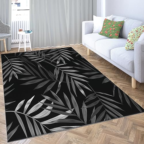 WHUOEUCO Wohnzimmer Teppich Schwarze Blätter 160 x 230cm Kurzflor Teppich rutschfeste Plüsch Akzentteppiche für Wohnzimmer Schlafzimmer Kinderzimmer Teppich Spielzimmer Teppich von WHUOEUCO