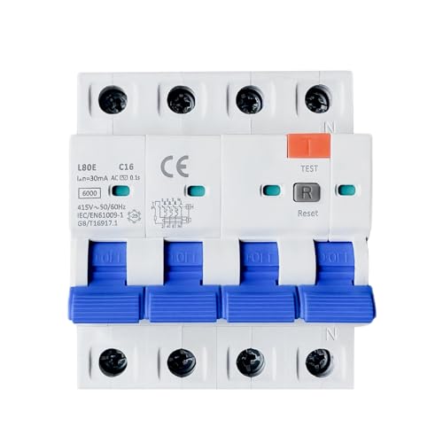 Fi Schutzschalter Typ AC 30mA 4 Polig, Fehlerstromschutzschalter Fi Schutzschalter 3P+N RCBO 6KA MCB AC mit Ableitstromschutz, Kurzschlussschutz, Überstromschutz (16A 3P+N) von WHYIOFC
