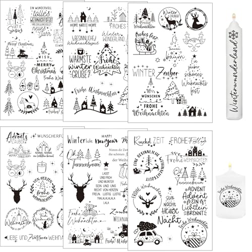 Rub On Sticker, 6 Stück Rub on Sticker Weihnachten Rub On Weihnachts Aufkleber Rub On Folie Transferaufkleber für Möbel Glas Holz Kerzentattoos DIY Basteln Deko von WHangXJangYE