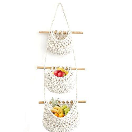 WHangXJangYE Obstkorb Hängend, 3 Stöckiger Obst Hängekorb Aufbewahrungskörbe Handgewebt Hängender Boho Hängekörbe Obst Wandkorb Für Küche Wohnzimmer Badezimmer Schlafzimmer von WHangXJangYE
