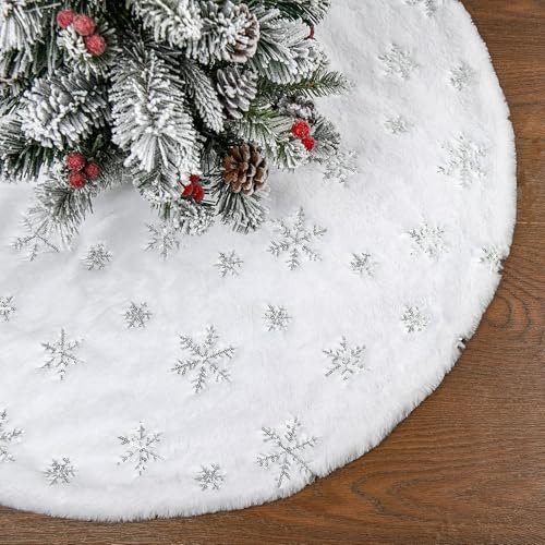 Weihnachtsbaum Decke, Weihnachtsbaumdecke Rund Plüsch Christbaumdecke Weiß mit Silber Schneeflocken Baumdecke Weihnachtsbaum Rock Christbaumständer Teppich Christmas Tree Skirt 90cm von WHangXJangYE