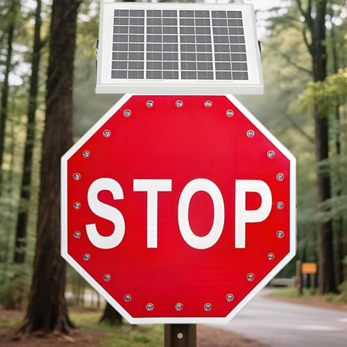 WIANQIAN Aluminium-Achteck-Verkehrsschilder, Blinkendes Reflektierendes Straßenverkehrs-Warnschild, Achteckige Reflektierende Blinkende Stoppschilder, 24 LEDs, Rostfreier Metallrahmen von WIANQIAN