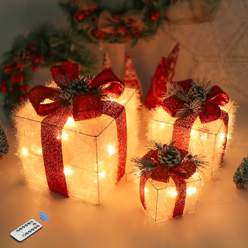 3er Set LED Geschenkbox, Weihnachts Dekoboxen Warm Weiß Beleuchtet, Weihnachtsdeko mit 60 LED 3 Set Außen Innen, Christbaum Deko Beleuchtung Batterie Betrieben von WIAZZLUK